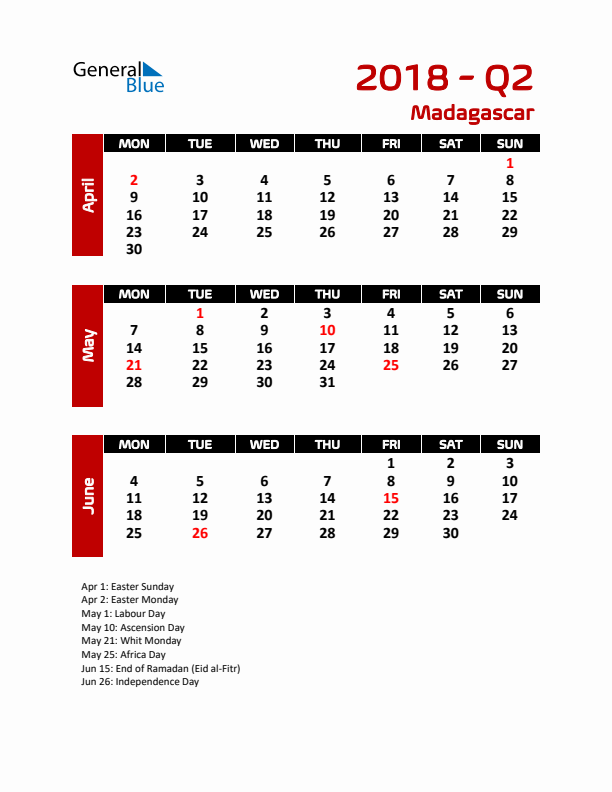 Q2 2018 Calendar with Holidays in Madagascar