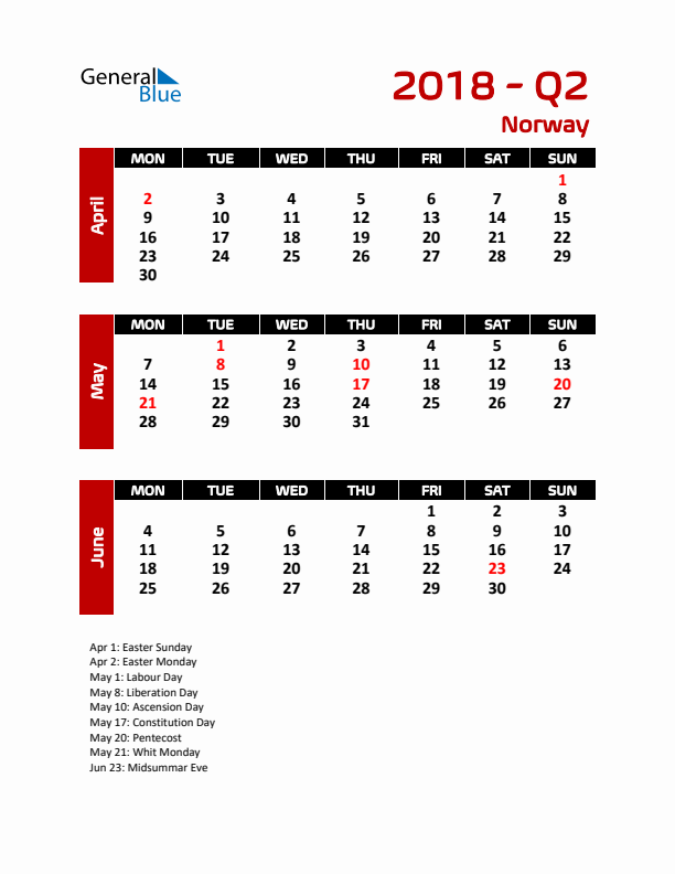 Q2 2018 Calendar with Holidays in Norway