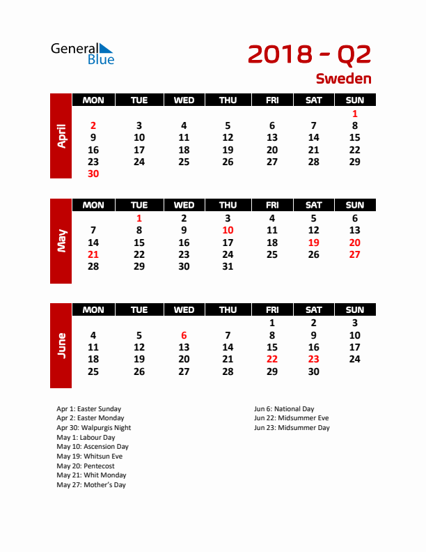 Q2 2018 Calendar with Holidays in Sweden