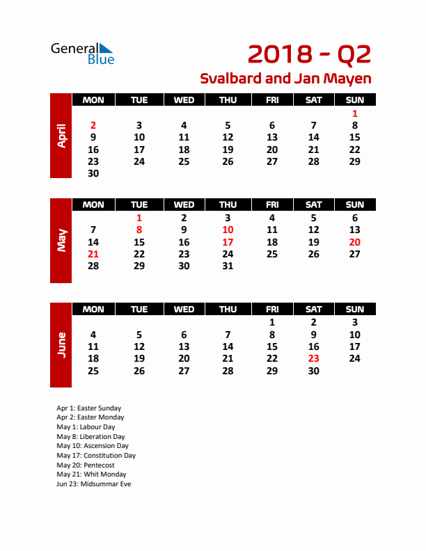 Q2 2018 Calendar with Holidays in Svalbard and Jan Mayen