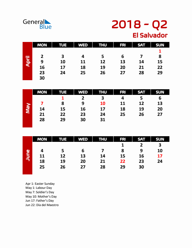 Q2 2018 Calendar with Holidays in El Salvador