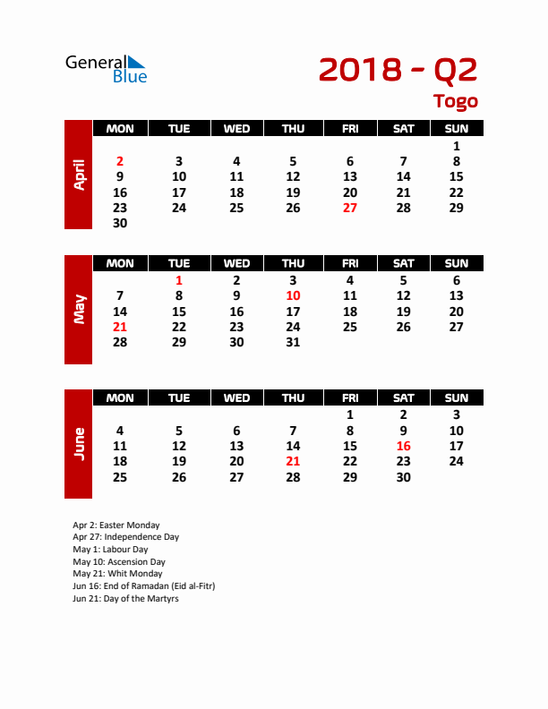 Q2 2018 Calendar with Holidays in Togo