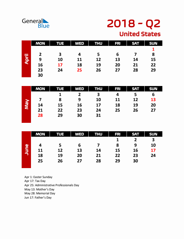 Q2 2018 Calendar with Holidays in United States