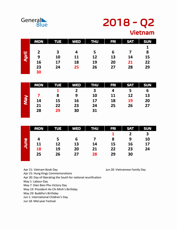 Q2 2018 Calendar with Holidays in Vietnam