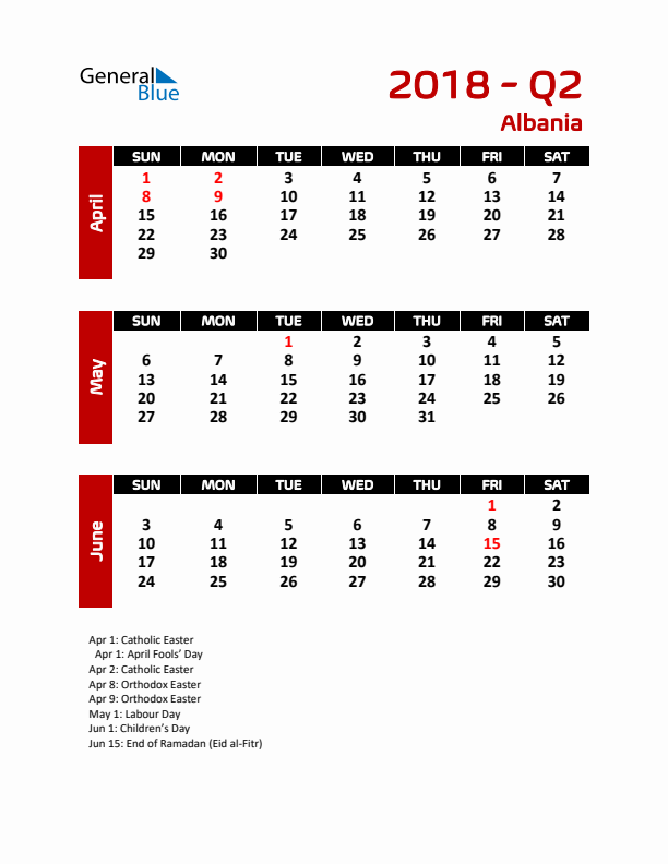 Q2 2018 Calendar with Holidays in Albania