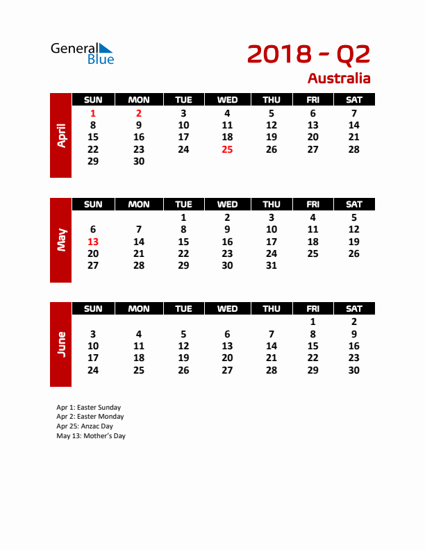 Q2 2018 Calendar with Holidays in Australia