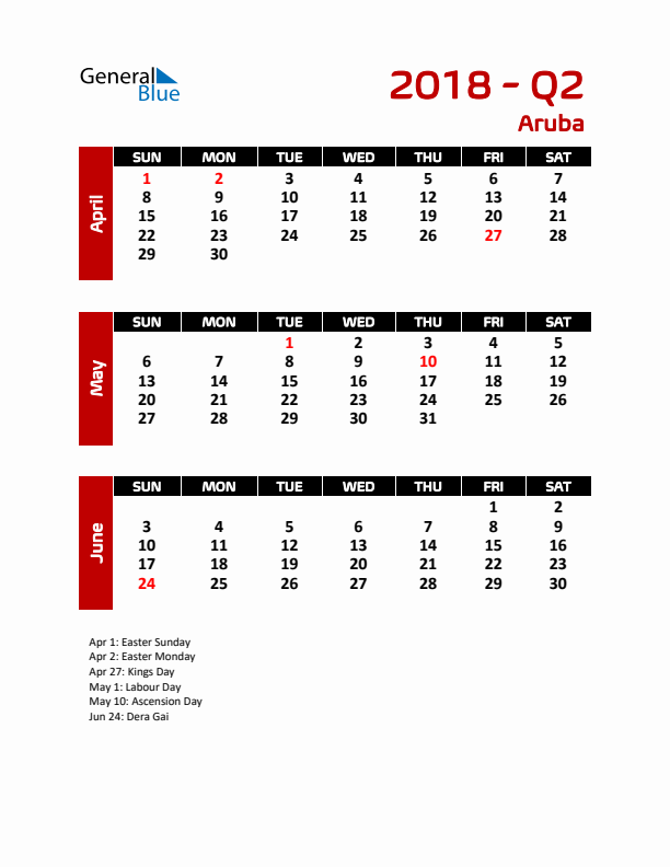 Q2 2018 Calendar with Holidays in Aruba