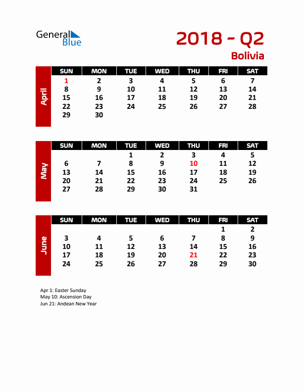 Q2 2018 Calendar with Holidays in Bolivia