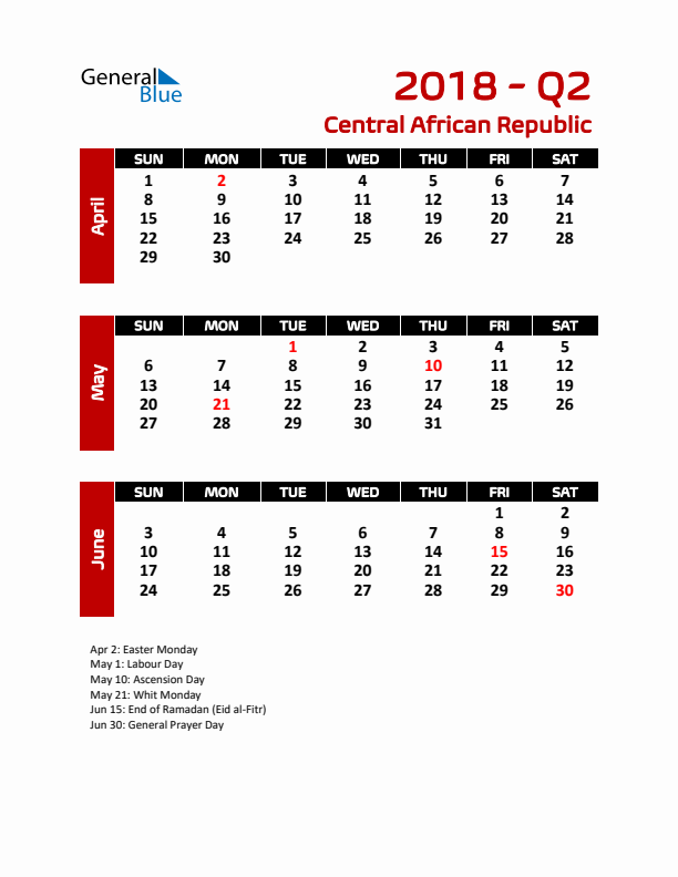 Q2 2018 Calendar with Holidays in Central African Republic