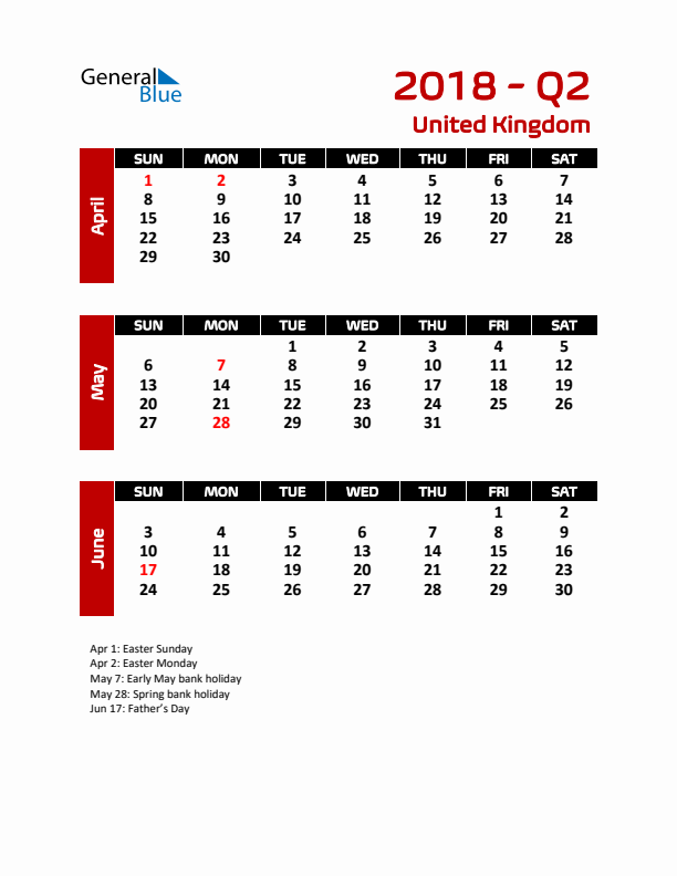 Q2 2018 Calendar with Holidays in United Kingdom