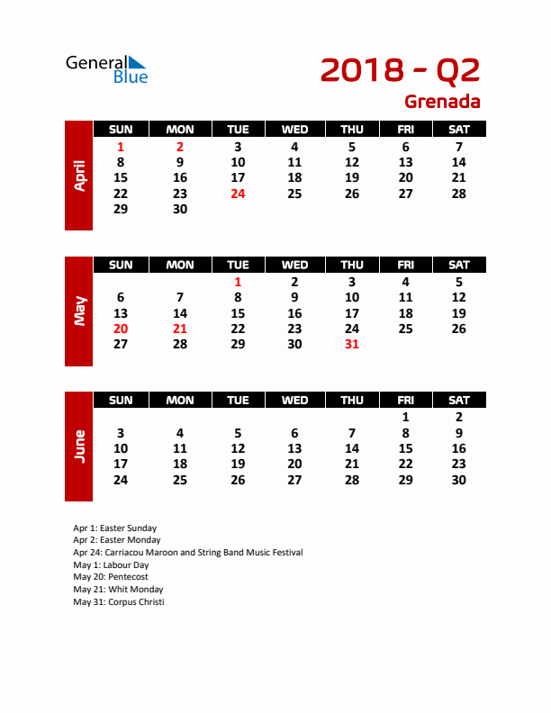 Q2 2018 Calendar with Holidays in Grenada