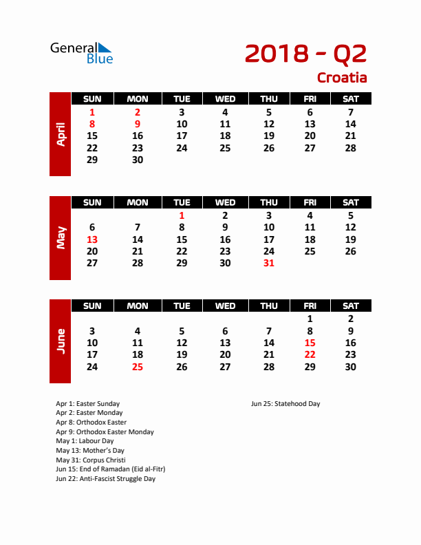 Q2 2018 Calendar with Holidays in Croatia