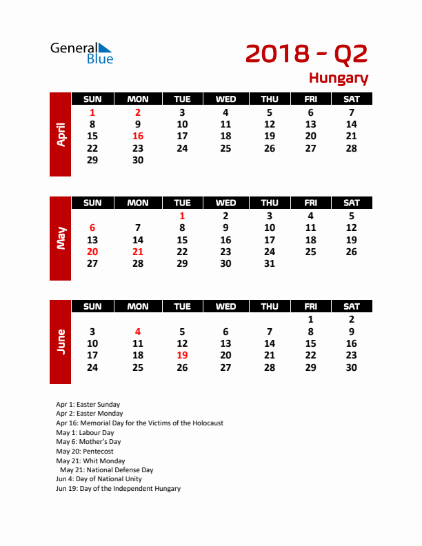 Q2 2018 Calendar with Holidays in Hungary