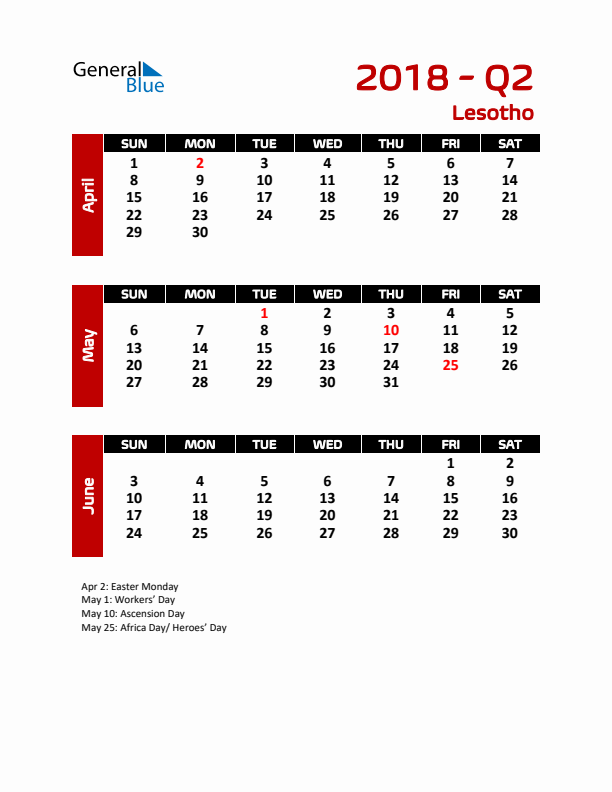 Q2 2018 Calendar with Holidays in Lesotho