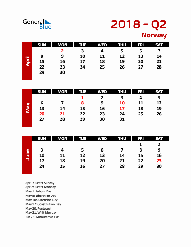 Q2 2018 Calendar with Holidays in Norway