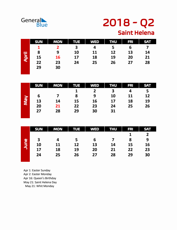 Q2 2018 Calendar with Holidays in Saint Helena