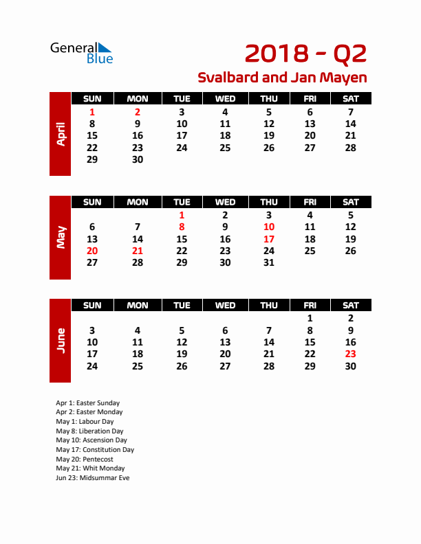 Q2 2018 Calendar with Holidays in Svalbard and Jan Mayen