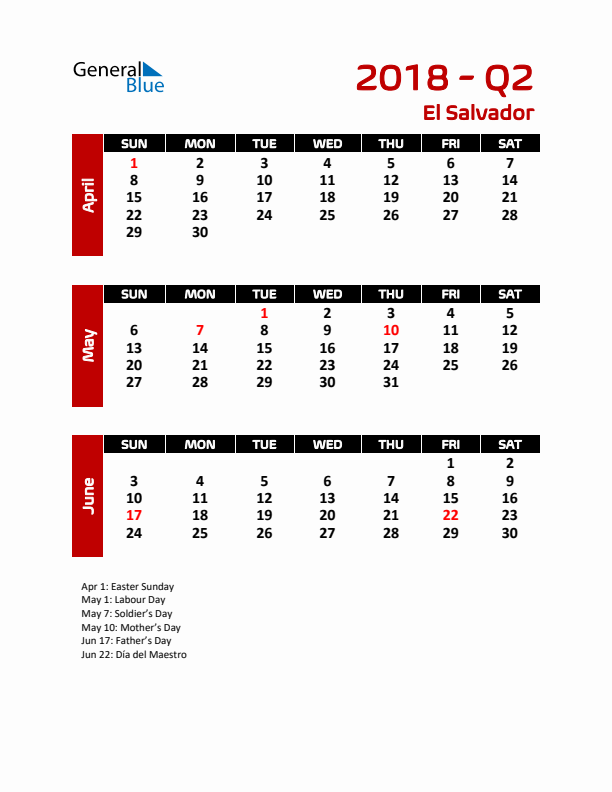 Q2 2018 Calendar with Holidays in El Salvador