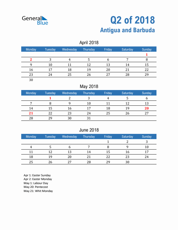 Antigua and Barbuda Q2 2018 Quarterly Calendar with Monday Start