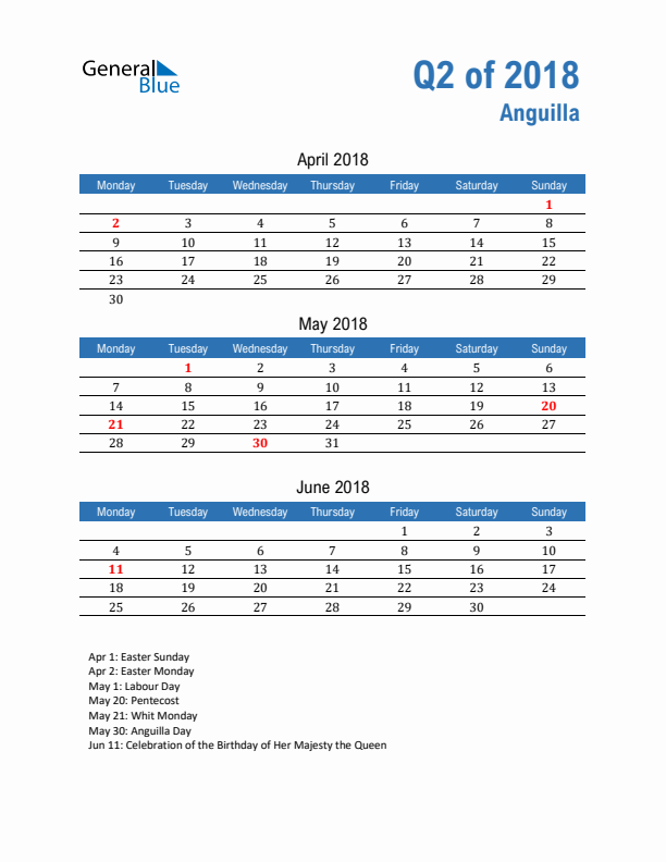 Anguilla Q2 2018 Quarterly Calendar with Monday Start