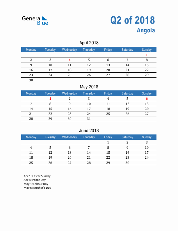 Angola Q2 2018 Quarterly Calendar with Monday Start