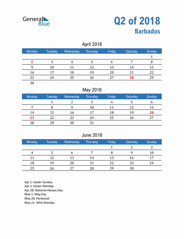 Barbados Q2 2018 Quarterly Calendar with Monday Start