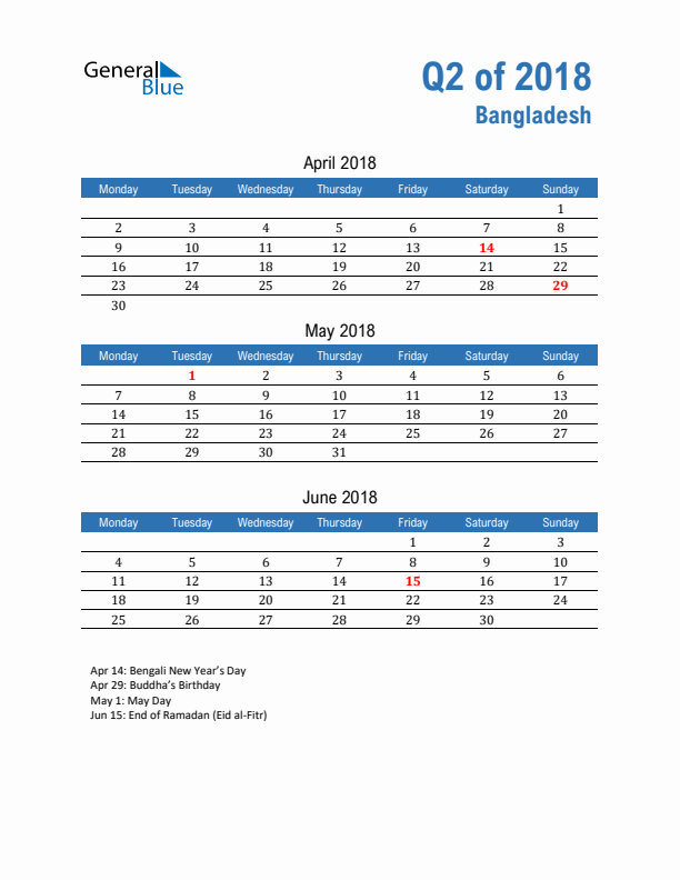 Bangladesh Q2 2018 Quarterly Calendar with Monday Start