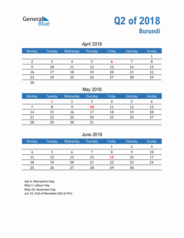 Burundi Q2 2018 Quarterly Calendar with Monday Start