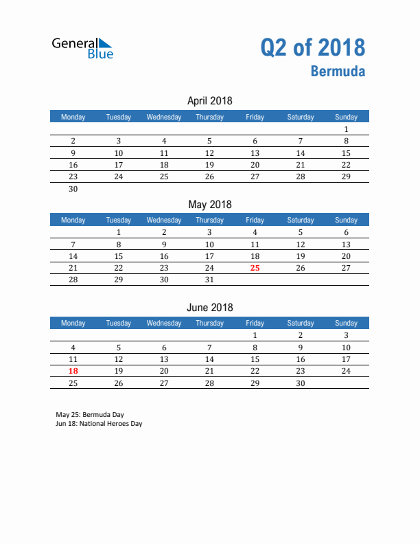 Bermuda Q2 2018 Quarterly Calendar with Monday Start