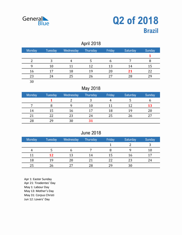 Brazil Q2 2018 Quarterly Calendar with Monday Start