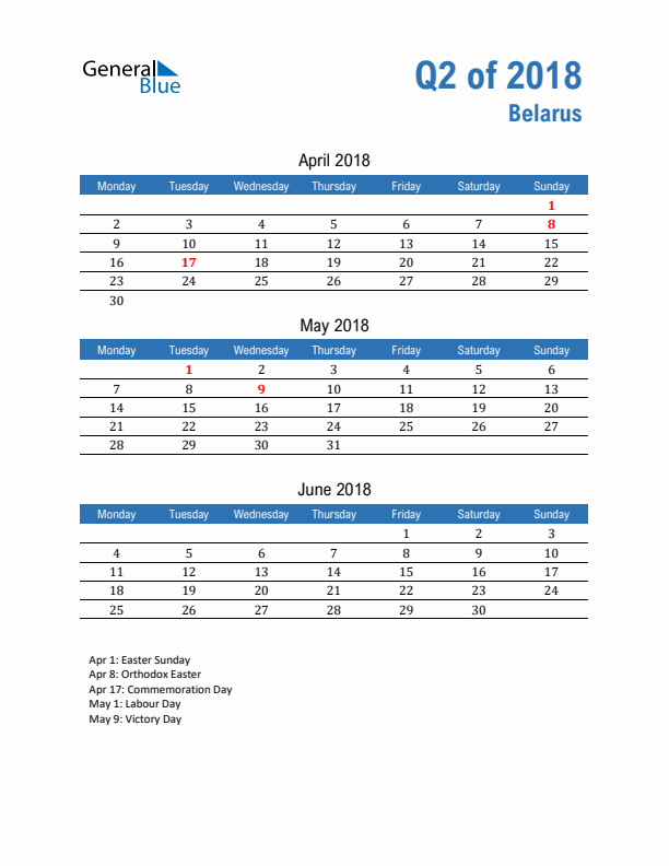 Belarus Q2 2018 Quarterly Calendar with Monday Start