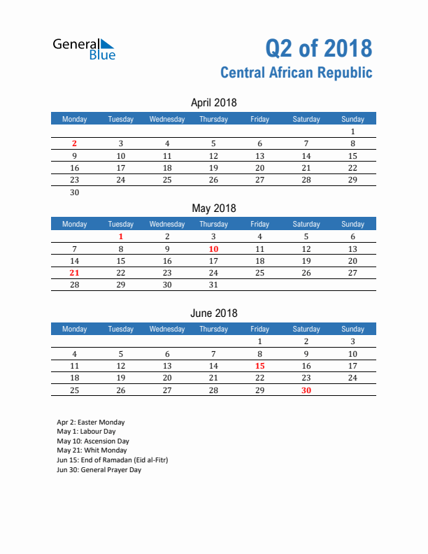 Central African Republic Q2 2018 Quarterly Calendar with Monday Start