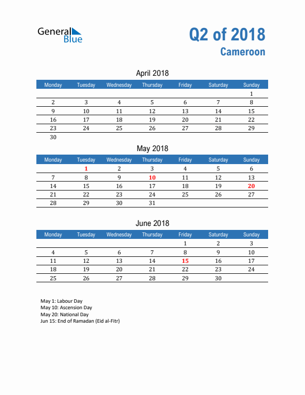 Cameroon Q2 2018 Quarterly Calendar with Monday Start