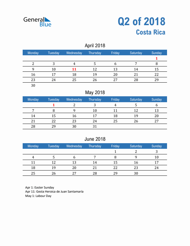 Costa Rica Q2 2018 Quarterly Calendar with Monday Start