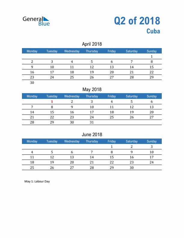 Cuba Q2 2018 Quarterly Calendar with Monday Start