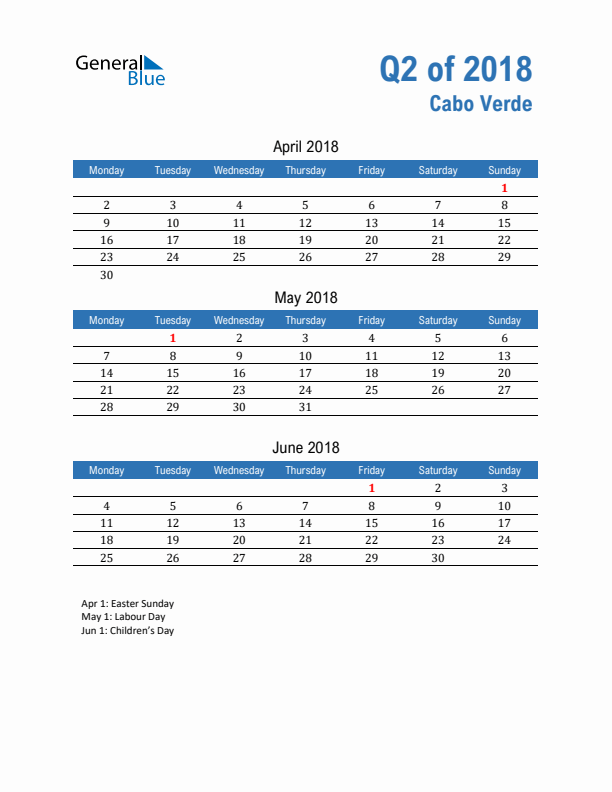 Cabo Verde Q2 2018 Quarterly Calendar with Monday Start