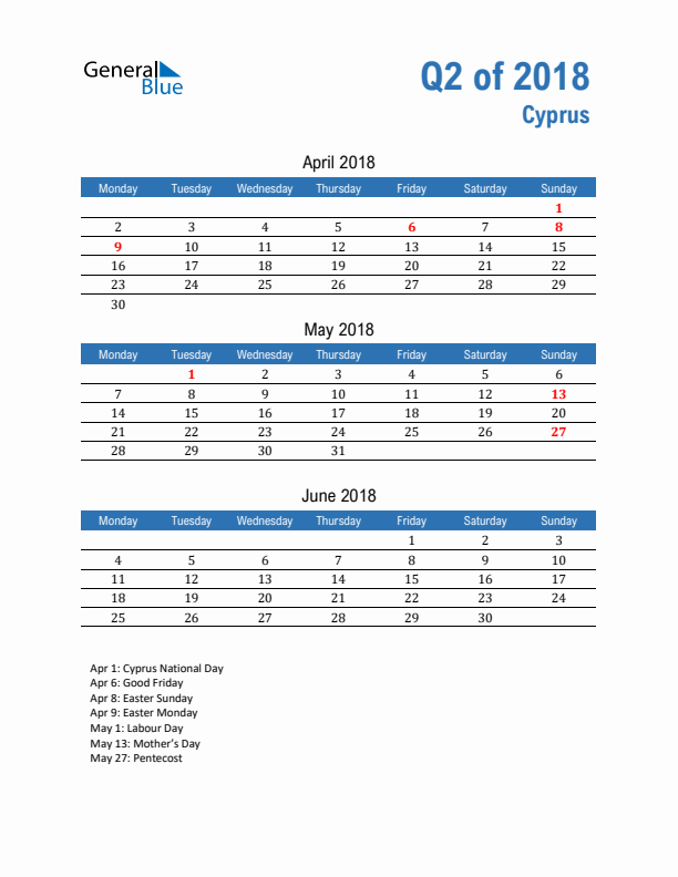 Cyprus Q2 2018 Quarterly Calendar with Monday Start