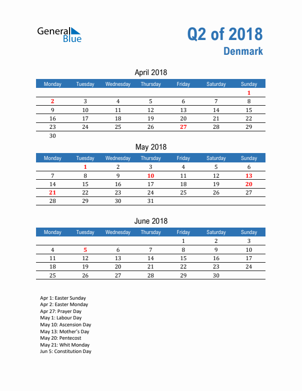 Denmark Q2 2018 Quarterly Calendar with Monday Start