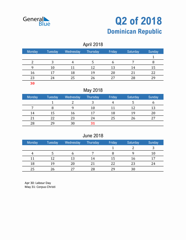 Dominican Republic Q2 2018 Quarterly Calendar with Monday Start