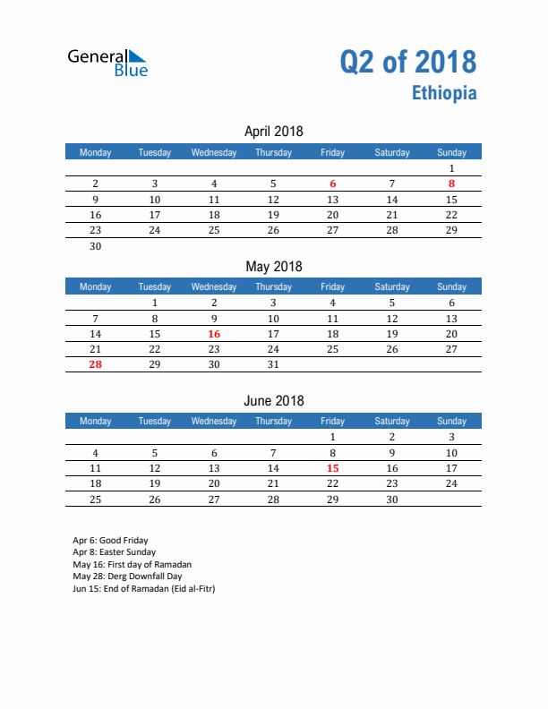 Ethiopia Q2 2018 Quarterly Calendar with Monday Start