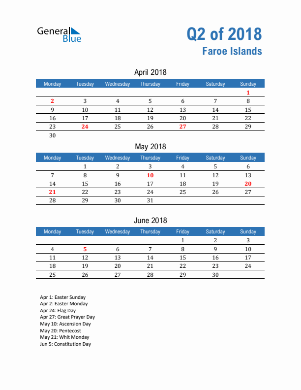 Faroe Islands Q2 2018 Quarterly Calendar with Monday Start