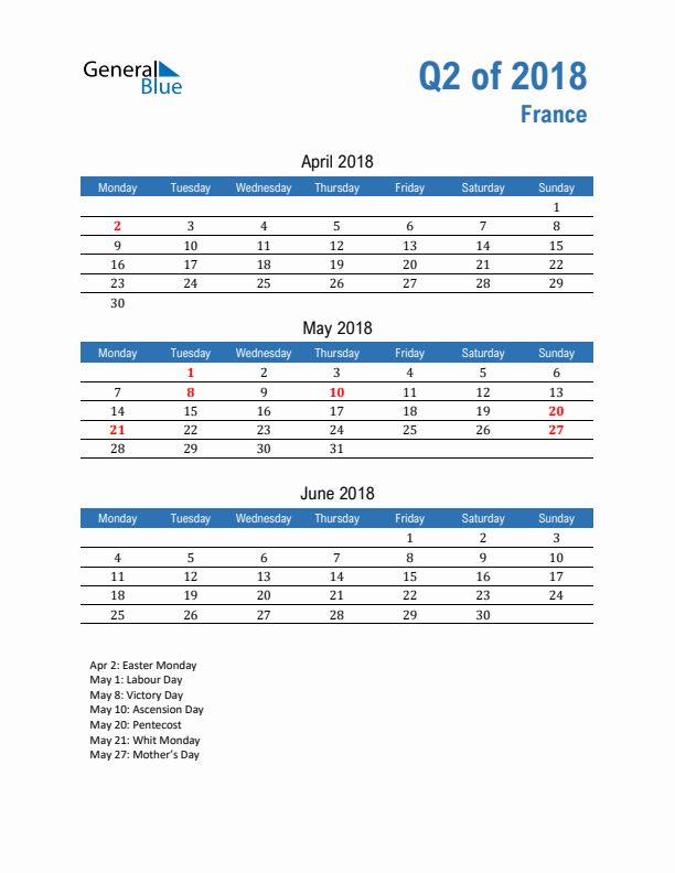 France Q2 2018 Quarterly Calendar with Monday Start