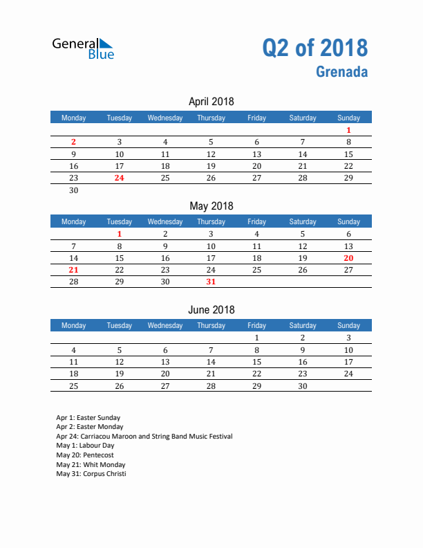 Grenada Q2 2018 Quarterly Calendar with Monday Start