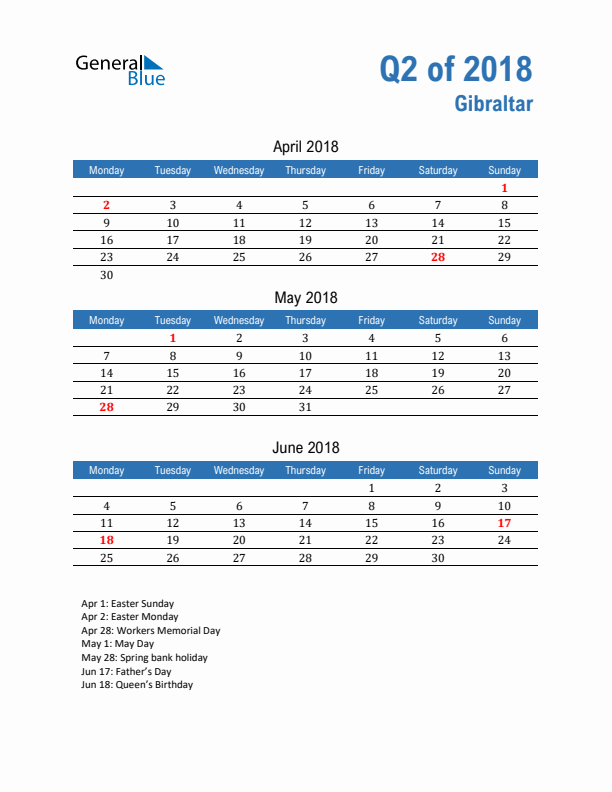 Gibraltar Q2 2018 Quarterly Calendar with Monday Start