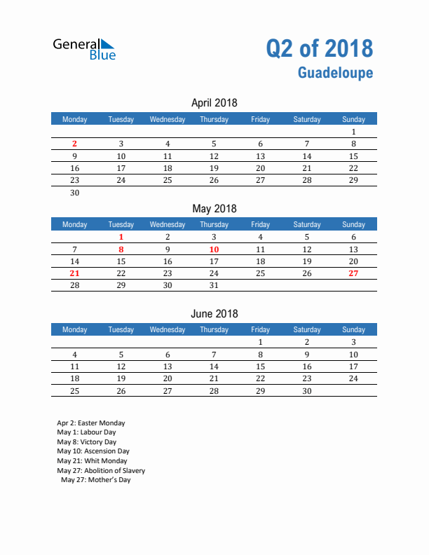 Guadeloupe Q2 2018 Quarterly Calendar with Monday Start