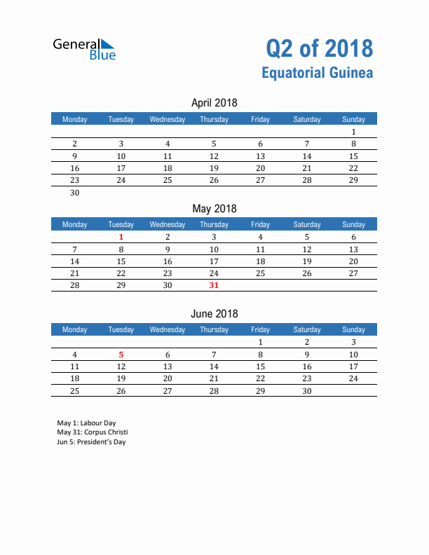 Equatorial Guinea Q2 2018 Quarterly Calendar with Monday Start