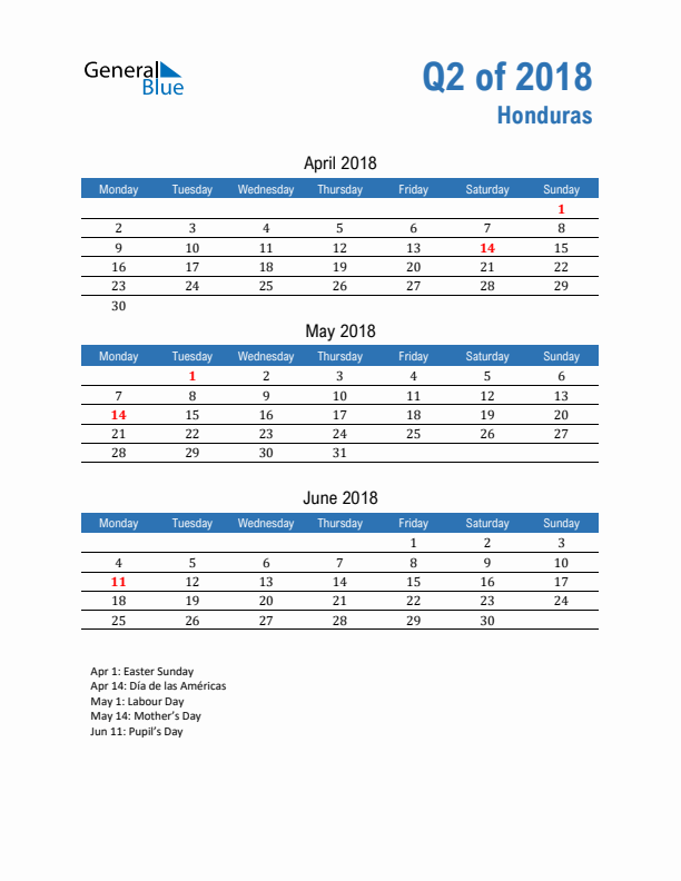 Honduras Q2 2018 Quarterly Calendar with Monday Start