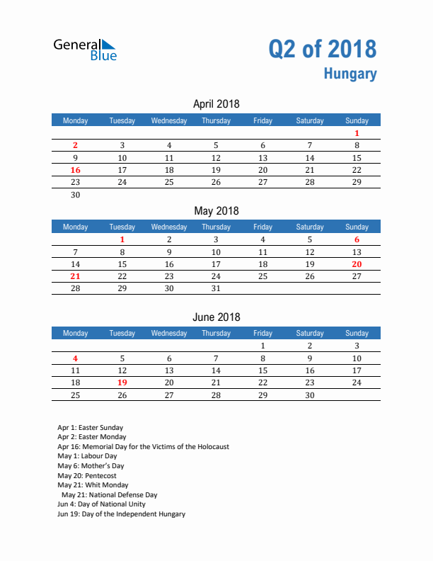 Hungary Q2 2018 Quarterly Calendar with Monday Start