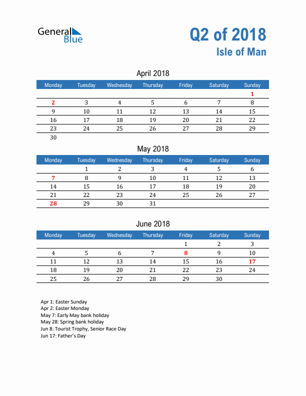 Isle of Man Q2 2018 Quarterly Calendar with Monday Start