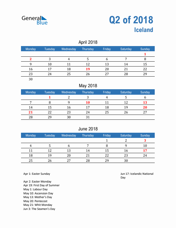 Iceland Q2 2018 Quarterly Calendar with Monday Start